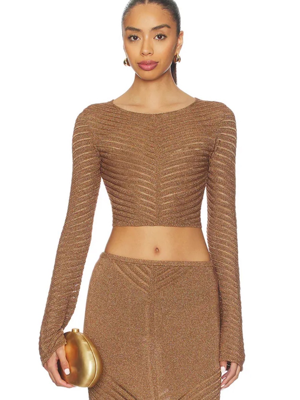 Devon Windsor Cropped Long-Sleeve Skirt Set in Metallic Brown
